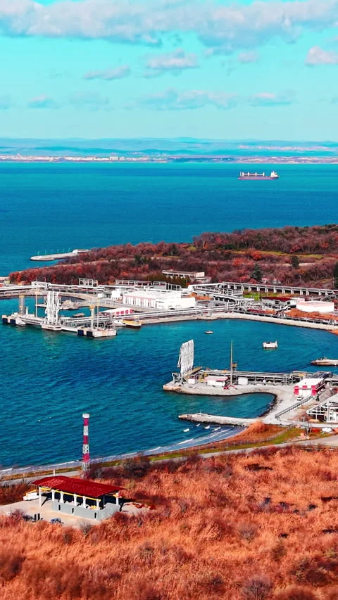 Drone view of industrial harbor loading docks, Bulgaria Vertical video. Stock Footage 338007907