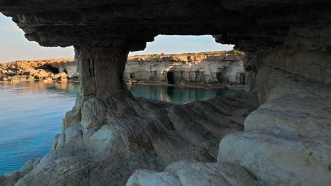 Drone view from inside the Cape Cavo Greco Sea Caves in Cyprus. Stock Footage 341540337