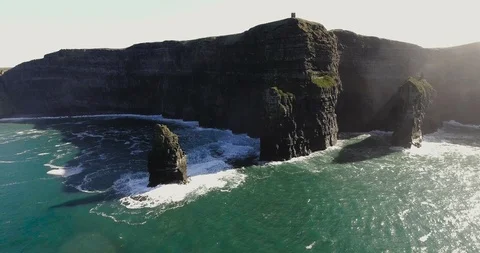 Drone View of the Irish Cliffs of Moher form Ocean level Stock Footage 90267702