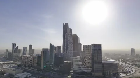 Drone view of KAFD in the morning haze from the distant Stockbeeldmateriaal 285328811