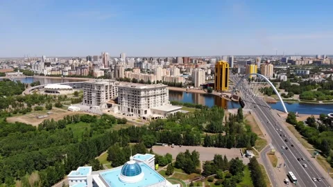 Drone View of Kazakhstan Flag and City Skyline Stock Footage 131232180