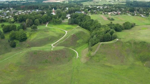 Drone view of Kernavė archaeological site and its five historic hill forts Stock Footage 339153181