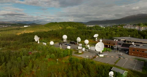 Drone view of Kongsberg satellite services (KSAT) in lush landscape, Tromso Vídeos de archivo 329144846