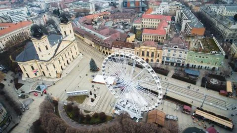 Drone view of Kossuth square and Christmas market in Debrecen. Stock Photos