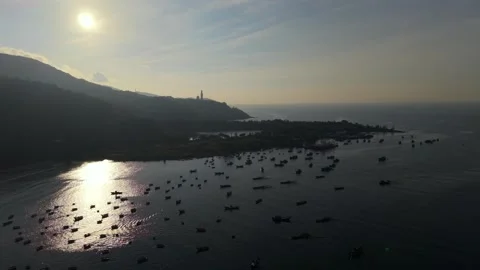 Drone View of Lady Buddha and Da Nang Bay at Sunrise, Vietnam Stock Footage 340487469