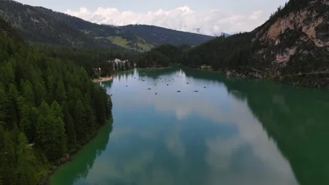 Drone view of Lake Braies in the Italian Alps Stock Footage