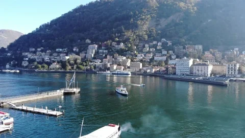 Drone view of Lake Como, yachts and boats in the bay.  Morning in Italy Stock Footage 182519529