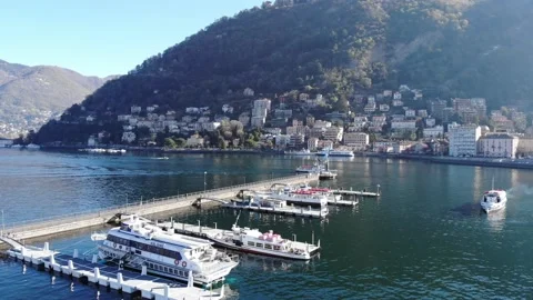 Drone view of Lake Como, yachts and boats in the bay.  Morning in Italy Stock Footage 182520003