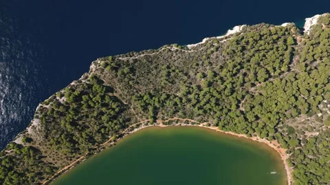 Drone view of lake, forest and sea in Telascica National Park, Croatia Stock Footage 276860827