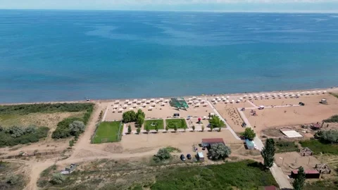 Drone View of Lakeside Resort on Issyk-Kul Lake, Kyrgyzstan Stock Footage 340326010