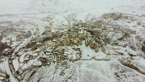 Drone view of Lamayuru Monastery and village under a blanket of snow. Stock Footage 310661081