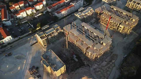 Drone view of large construction site on Sunset located along seashore Video stock 268870194