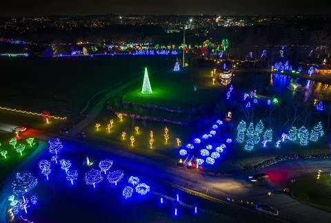 Drone View of Large Drive Thru Christmas Display, With Lots of Colored Lights Stock Photos