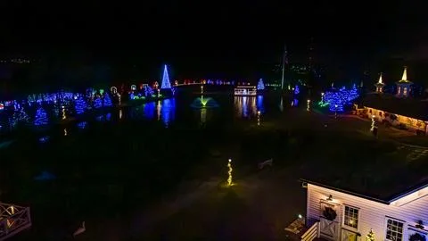 Drone View of Large Drive Thru Christmas Display, With Lots of Colored Lights Stock Photos