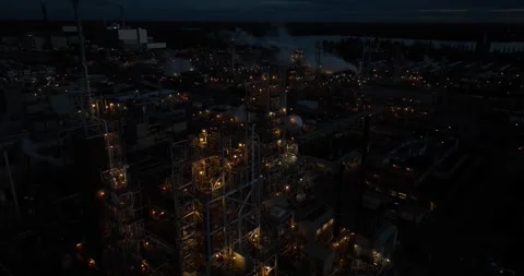 Drone view of a large industrial installation creating synthetic chemical Vídeos de archivo 256028021