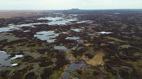 Drone view of lava fields with green moss and ice in Iceland. Unique volcanic Stock Footage 334321157