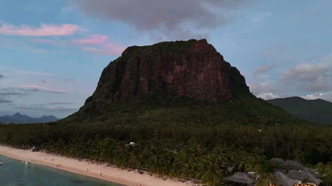 Drone view of Le Morne Brabant mountain at sunset. Tropical beach Stock Footage 314501744