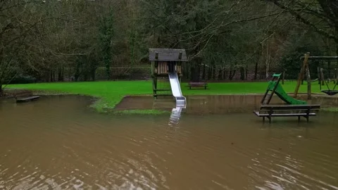 Drone view of the Le Parc des Ondines public playground under the water, Changé Stockbeeldmateriaal 300541413