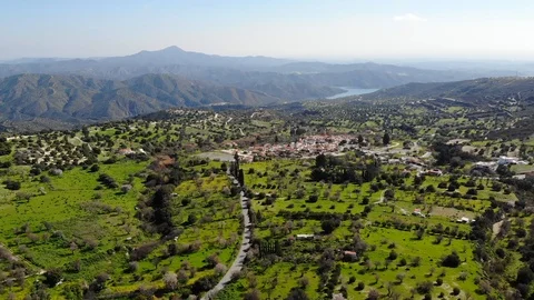 Drone view of lefkara mountains old village in Cyprus, church and houses Stock Footage 125429238