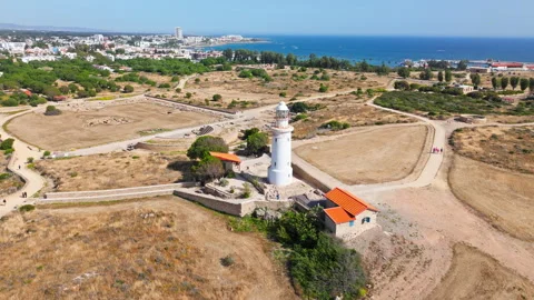 Drone view of the lighthouse area at Nea Paphos in Cyprus. Stock Footage 341673032