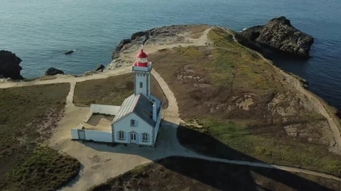 Drone view of the lighthouse in belle ile en mer, Brittany, France Stock Footage 164651964