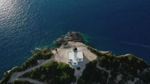 Drone view of lighthouse Cape of Ducato, Greek Ionian islands. Stock Footage 158327636