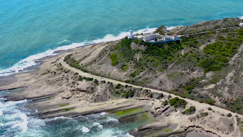 Drone view of the lighthouse over Cape Huertas, Spain. Stock Footage 325828630