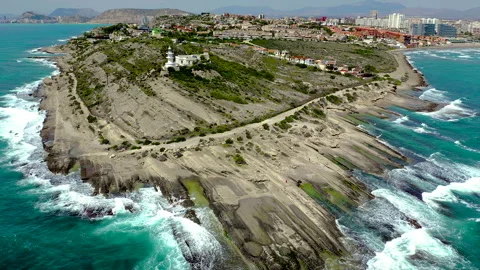 Drone view of the lighthouse over Cape Huertas, Spain. Stock Footage 325829146