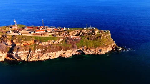 Drone view of lighthouse station on Cape Kaliakra cliff, Bulgaria Stock Footage 336726682