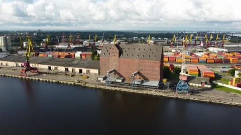 Drone view of the loading and unloading area of international cargo ships Stock Footage 194017690