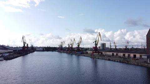 Drone view of loading cranes in the port Stock Footage 159060118
