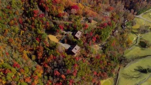 Drone view of the log cabins in vibrant Smoky Mountains during bright sunny day Stock Footage 321449305