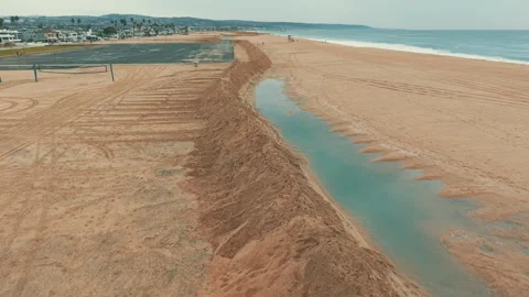 Drone view of long protective sand barriers and water channels on Newport Beach Видео 347507683