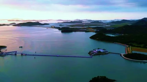 Drone View of the Long Purple Bridge Crossing Extensive Tidal Flats Stock Footage 328241563