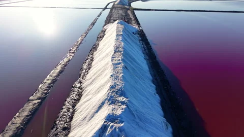 Drone View of Long Salt Mound Between Deep Pink and Violet Water Channels Stock Footage 326145006