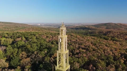Drone view of a lookout and telecommunications tower in Sástó, Hungary. Stock Footage 346664063