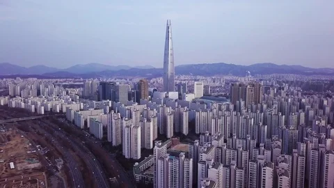 Drone view Lotte tower skyline cityscape at Jamsil,seoul,south korea Stock Footage 85267122