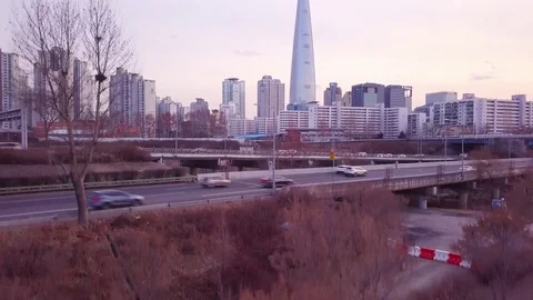 Drone view Lotte tower skyline cityscape at Jamsil,seoul,south korea Stock Footage 85268591