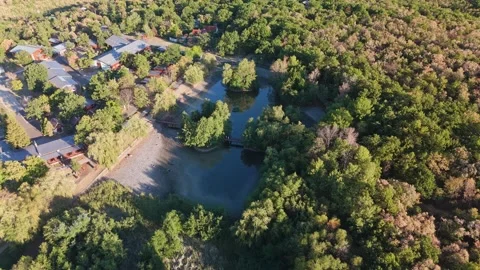 Drone view of low water at Sástó lake, Hungary, amid late-summer forest. Stock Footage 346664054