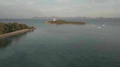 Drone view of lush green trees growing on coast of sea against cloudy sky Stock Footage 260477387