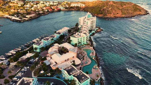Drone view of the luxury beach resort situated on a peninsula.  Vídeo Stock 336342500