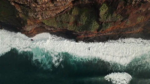 Drone View of Madeira's Coastline – Powerful Ocean Waves and Rugged Cliffs Stock Footage 306148454