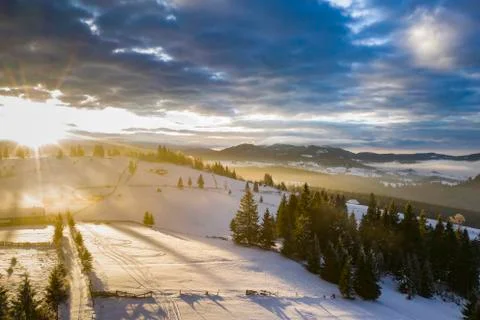 Drone view of magic winter landscape. Holiday, travel concept. Stock Photos