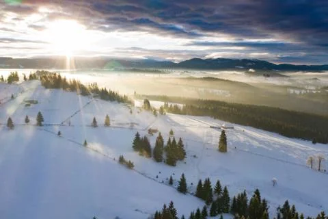 Drone view of magic winter landscape. Holiday, travel concept. Stock Photos