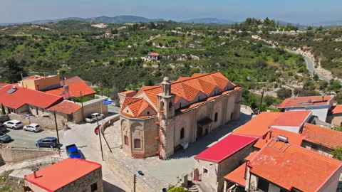 Drone view of the main church area in Omodos, Cyprus. Stock Footage 341556555