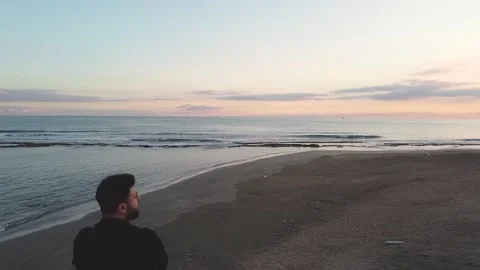 Drone view of man looking away at beach Stock Footage 227443044