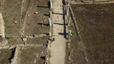 Drone view of man walking through the Colonnaded Street of Salamis. DJI-0238-10 Vídeos de archivo 137352259