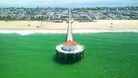 Drone view Manhattan Pier near Los Angeles. American tourism destination. USA Видео 250720745