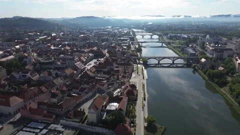 Drone View of Maribor Old Town and Drava River, Slovenia Stock Footage 340622366