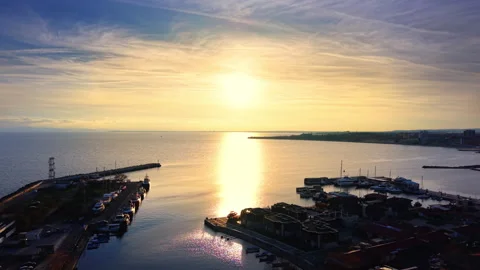 Drone view of marina at sunset, Bulgaria 스톡 동영상 339678580